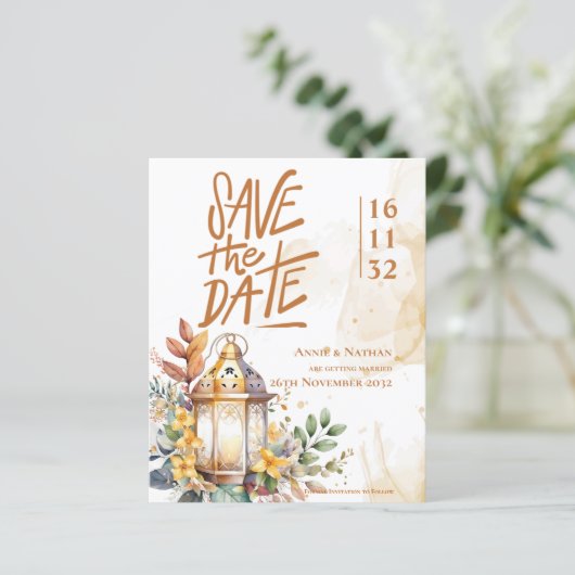 Gele Bloemen Lantaarn Fall Wedding Save the Date (Staand voorkant)