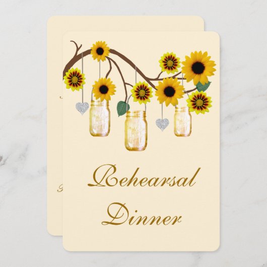 Gele bloemen Mason Jar Rehearsal Dinner Invite Kaart (Voorkant / Achterkant)