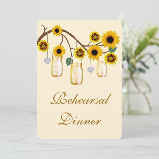 Gele bloemen Mason Jar Rehearsal Dinner Invite Kaart (Staand voorkant)