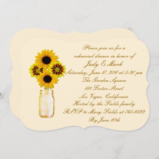 Gele bloemen Mason Jar Rehearsal Dinner Invite Kaart (Voorkant / Achterkant)