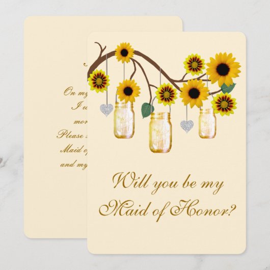 Gele bloemen Mason Jars Maid of Honor Kaart (Voorkant / Achterkant)