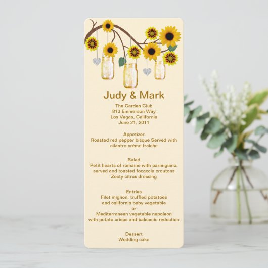 Gele bloemen Mason Jars Menu Kaart (Staand voorkant)