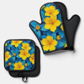 Gele bloemen - Mediterraan Ovenwant & Pannenlap Set (Voorkant / Achterkant)