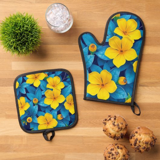 Gele bloemen - Mediterraan Ovenwant & Pannenlap Set (Top down)