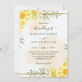 Gele bloemen met een gouden trouwuitnodiging kaart