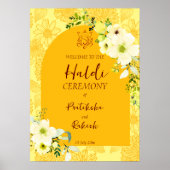 Gele bloemen met Haldi-welkomstteken Poster (Voorkant)