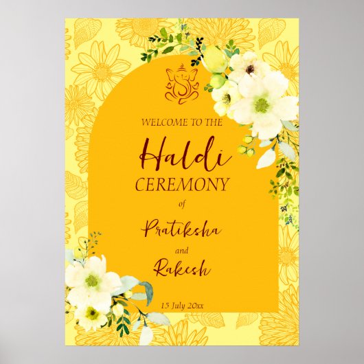 Gele bloemen met Haldi-welkomstteken Poster (Voorkant)