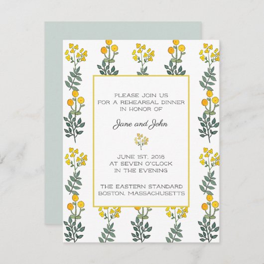 Gele bloemen met uitnodiging van het Mint Rehearsa (Voorkant / Achterkant)