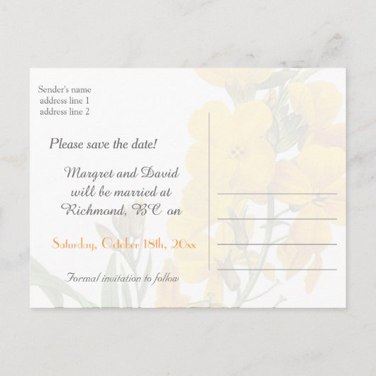  gele bloemen, met uitzondering van de datum-brief aankondigingskaart (Achterkant)