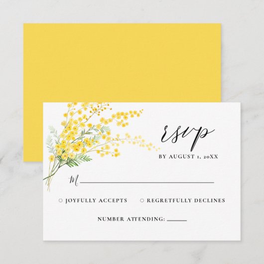 Gele Bloemen Mimosa Lente Bloemen Huwelijk RSVP Kaartje (Voorkant / Achterkant)