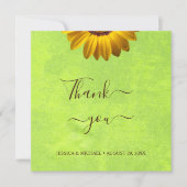 Gele Bloemen op Abstracte Groene Bruiloft Bedankkaart (Voorkant)