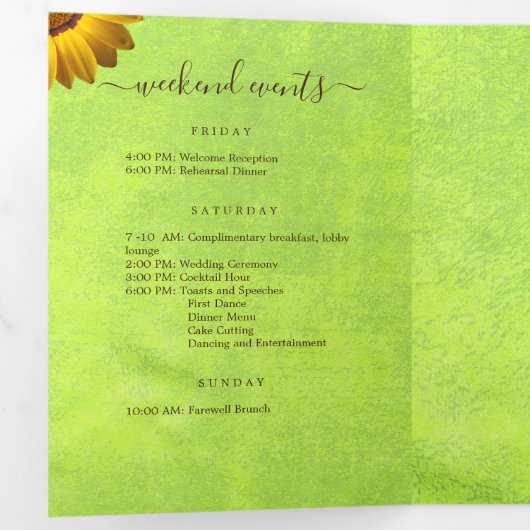 Gele Bloemen op Abstracte Groene Bruiloft Drieluik Programma (Binnenzijde eerst)