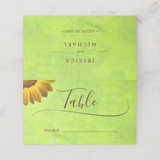 Gele Bloemen op Abstracte Groene Bruiloft Plaatskaartje (Buitenkant ongevouwen)