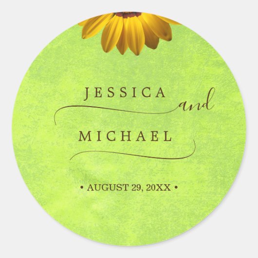 Gele Bloemen op Abstracte Groene Bruiloft Ronde Sticker (Voorkant)