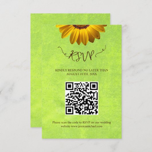 Gele Bloemen op Abstracte Groene Bruiloft RSVP Kaa (Voorkant / Achterkant)
