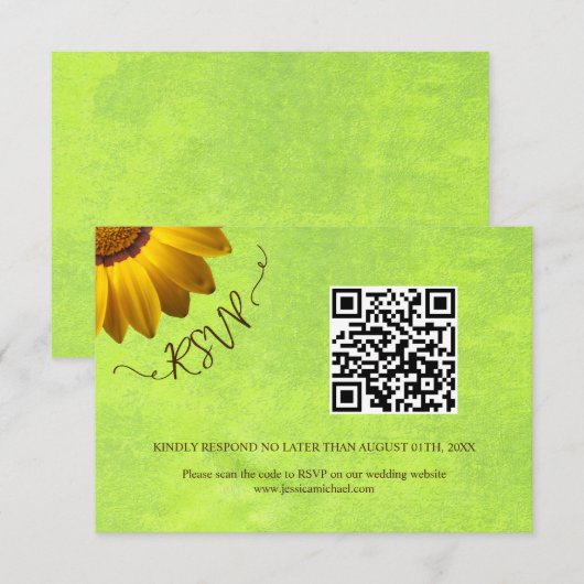 Gele Bloemen op Abstracte Groene Bruiloft RSVP Kaartje (Voorkant / Achterkant)