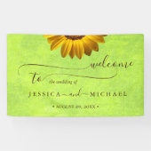 Gele Bloemen op Abstracte Groene Bruiloft Spandoek (Horizontaal)