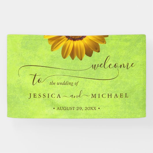 Gele Bloemen op Abstracte Groene Bruiloft Spandoek (Horizontaal)