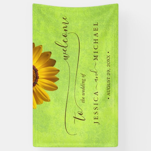 Gele Bloemen op Abstracte Groene Bruiloft Spandoek (Verticaal)