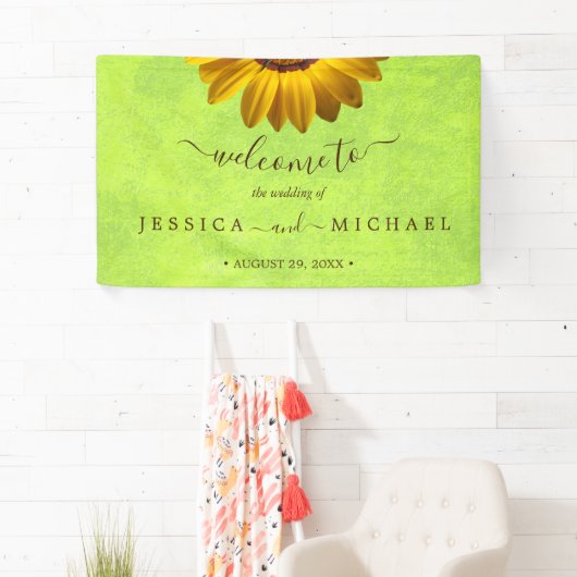 Gele Bloemen op Abstracte Groene Bruiloft Spandoek (Insitu)