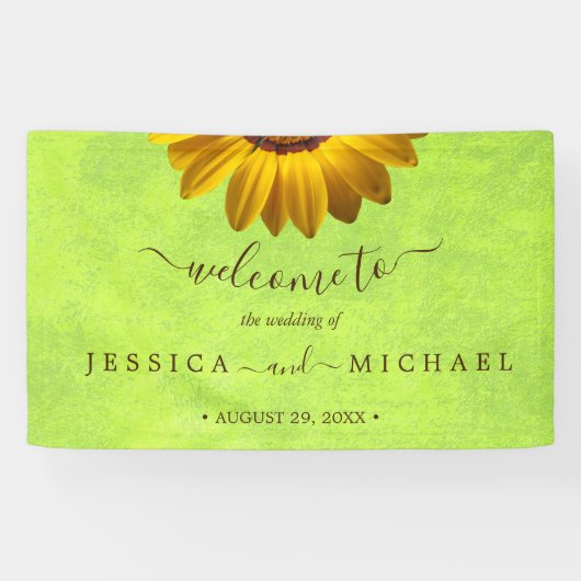 Gele Bloemen op Abstracte Groene Bruiloft Spandoek (Horizontaal)