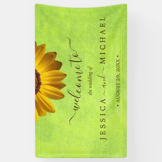 Gele Bloemen op Abstracte Groene Bruiloft Spandoek (Verticaal)