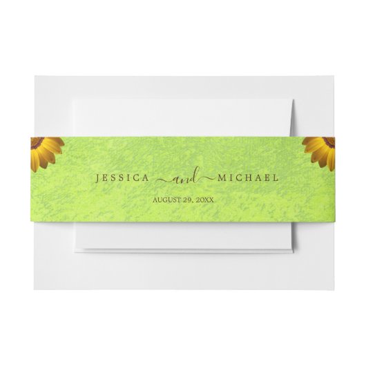 Gele Bloemen op Abstracte Groene Bruiloft Uitnodigingen Wikkel (Voorkant Voorbeeld)