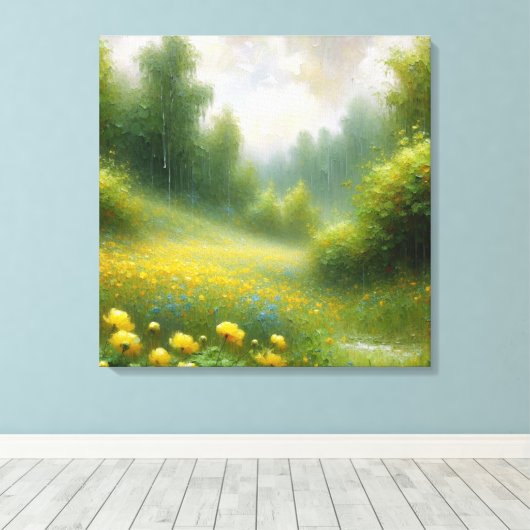 Gele bloemen op een regenachtige dag canvas afdruk (Insitu (Houten vloer))