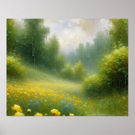 Gele bloemen op een regenachtige dag poster