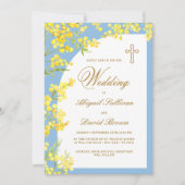 Gele bloemen op lichtblauwe religieuze bruiloft kaart (Voorkant)