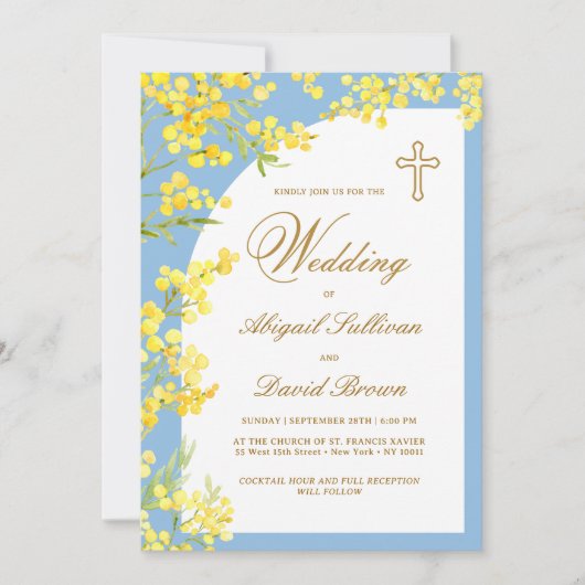 Gele bloemen op lichtblauwe religieuze bruiloft kaart (Voorkant)