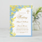 Gele bloemen op lichtblauwe religieuze bruiloft kaart (Staand voorkant)
