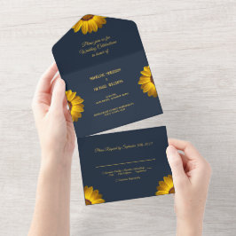 Gele bloemen op marineblauw achtergrondmonogram in all in one uitnodiging