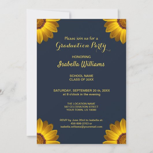 Gele bloemen op marineblauw achtergrondmonogram in kaart (Voorkant)