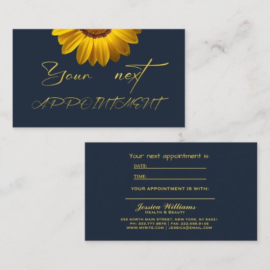 Gele bloemen op marineblauwe achtergrond Monogram Afsprakenkaartje (Voorkant / Achterkant)