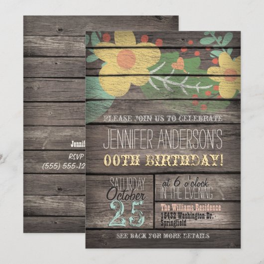 Gele bloemen op rustieke volwassen tienerverjaarda kaart (Voorkant / Achterkant)