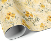 Gele bloemen op vergeelde ondergrond cadeaupapier (Rol Hoek)