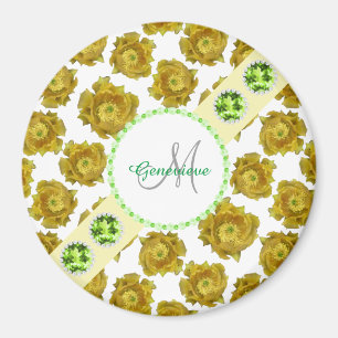Gele bloemen op witte, groene edelstenen & parels magneet