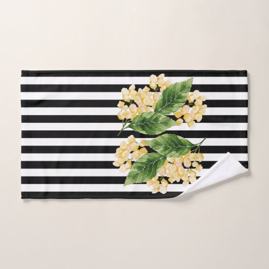 Gele bloemen op zwarte en witte strepen bad handdoek (Handdoek)