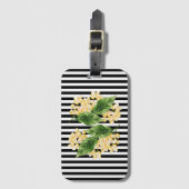 Gele bloemen op zwarte en witte strepen bagagelabel (Voorkant (verticaal))