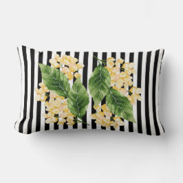 Gele bloemen op zwarte en witte strepen kussen