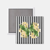 Gele bloemen op zwarte en witte strepen magneet (Voorkant / Achterkant)
