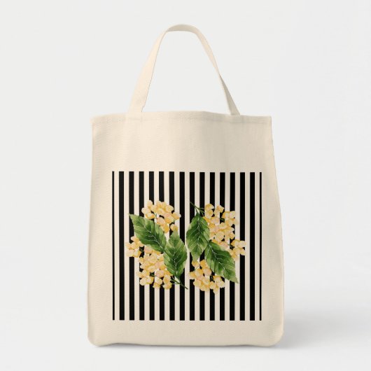 Gele bloemen op zwarte en witte strepen tote bag (Voorkant)
