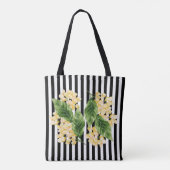 Gele bloemen op zwarte en witte strepen tote bag (Achterkant)