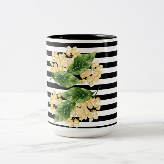 Gele bloemen op zwarte en witte strepen tweekleurige koffiemok (Center)