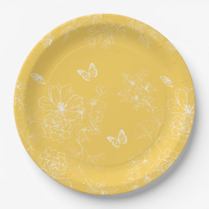 Gele bloemen patroon, bloemen, minimalistisch papieren bordje