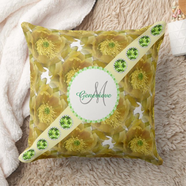Gele Bloemen Patroon, Groene Edelstenen & Parels Kussen (Deken)