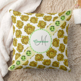 Gele Bloemen Patroon, Groene Edelstenen & Parels Kussen