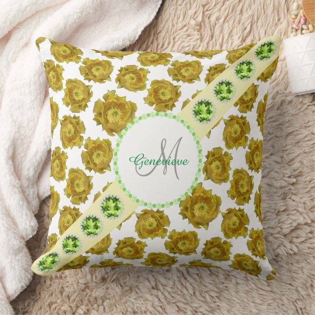 Gele Bloemen Patroon, Groene Edelstenen & Parels Kussen (Deken)