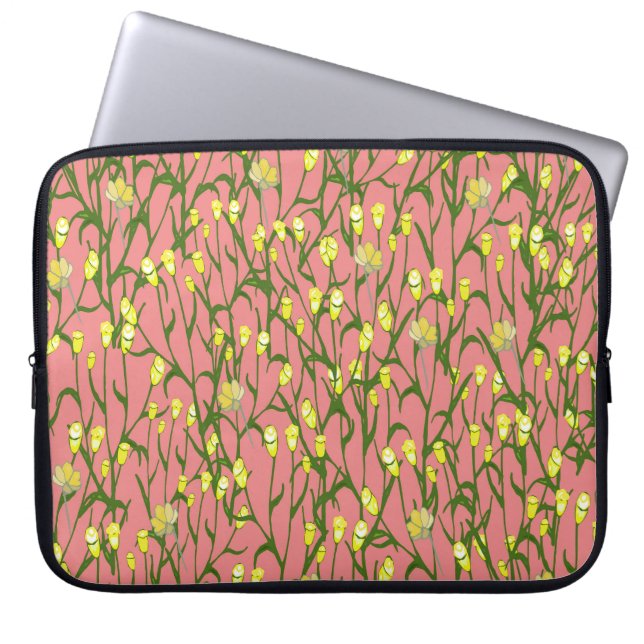 Gele Bloemen Roze Achtergrond  Laptop Sleeve (Voorkant)